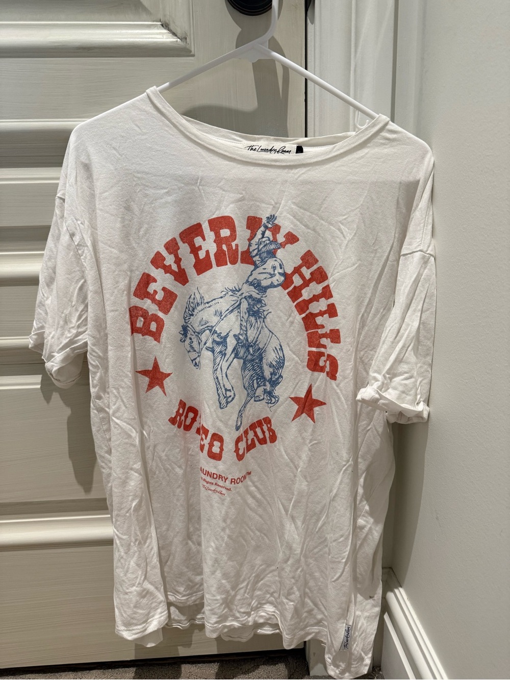 The Laundry Room White Tee with Red & Blue Beverly Hills Rodeo Graphic